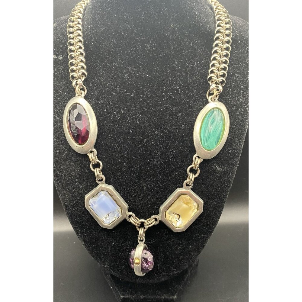 Chainmail Choker Bold Faceted Glass Bezel Gems Silver Tone Toggle 16" Necklace - Picture 2 of 9